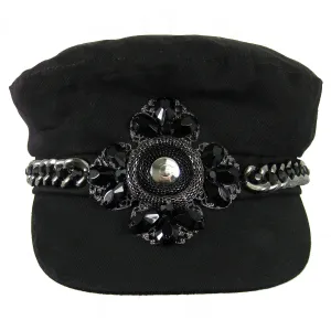 #1008h Black Newsboy Cap With Gunmetal Tone Chain, Silver filigree & Jet Embellishment