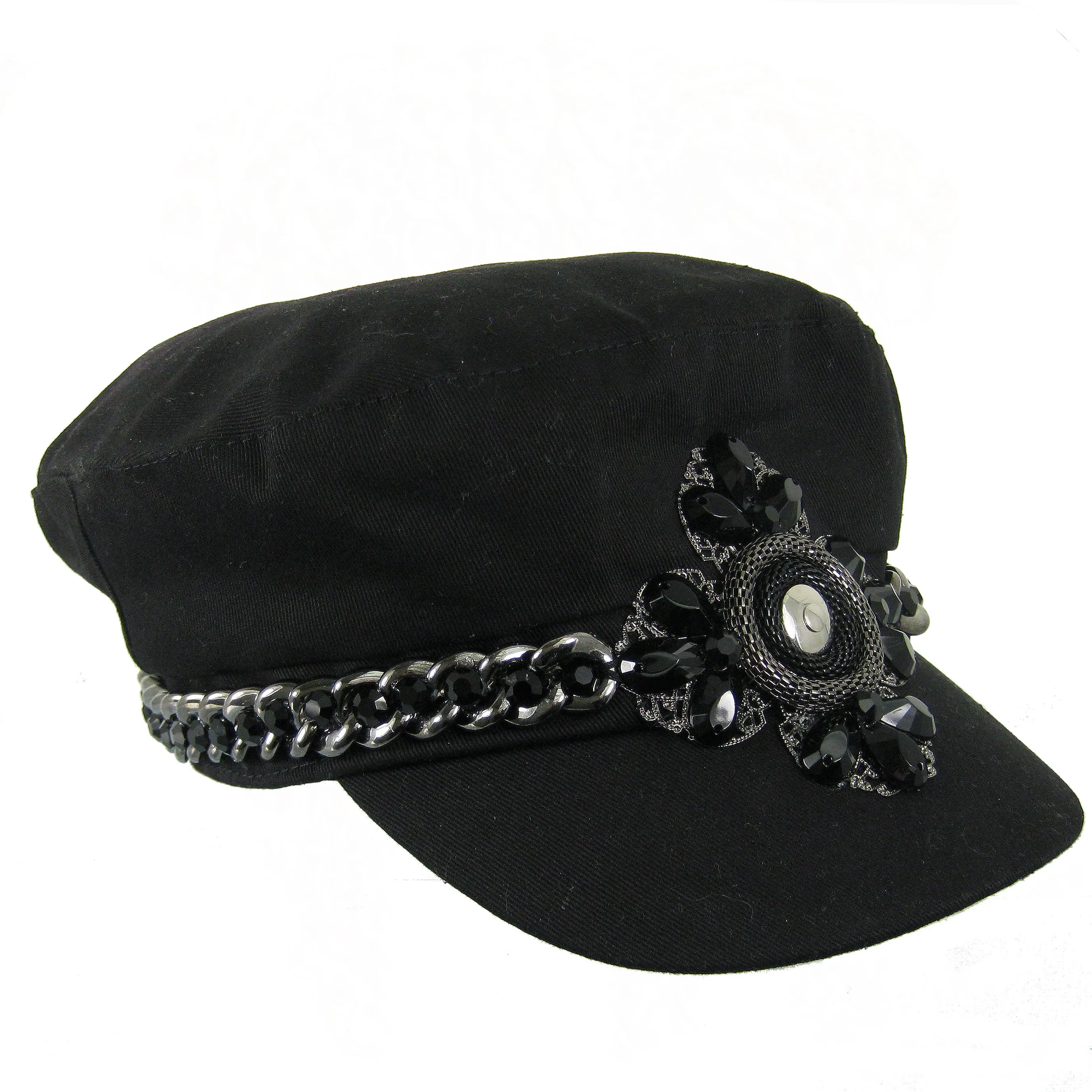 #1008h Black Newsboy Cap With Gunmetal Tone Chain, Silver filigree & Jet Embellishment