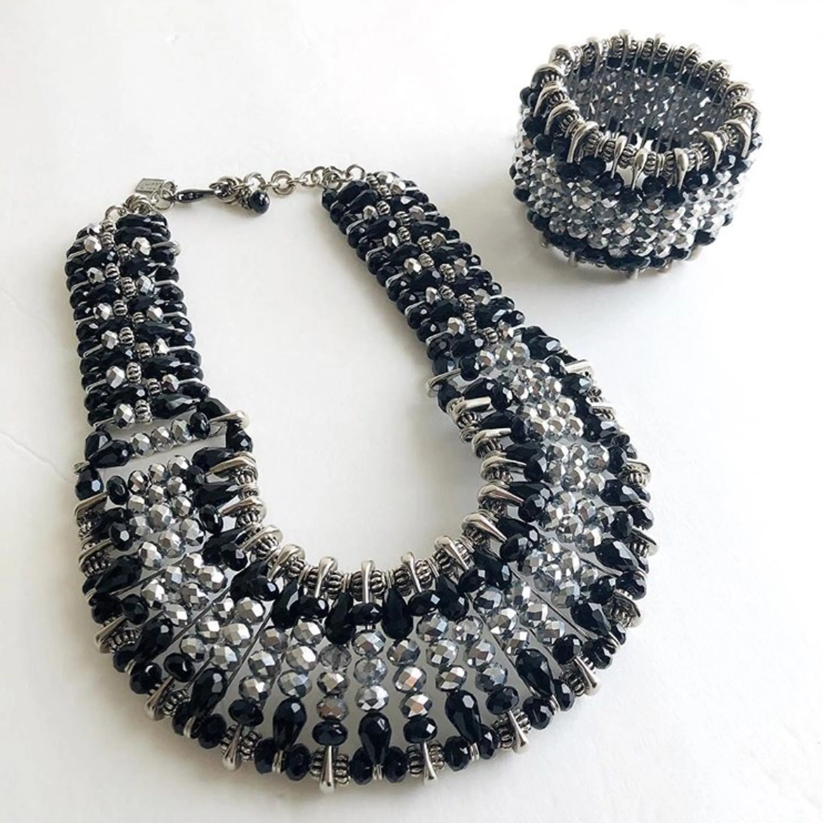 #1099n Black, Hematite & Silver Tone Safety Pin Bib Necklace