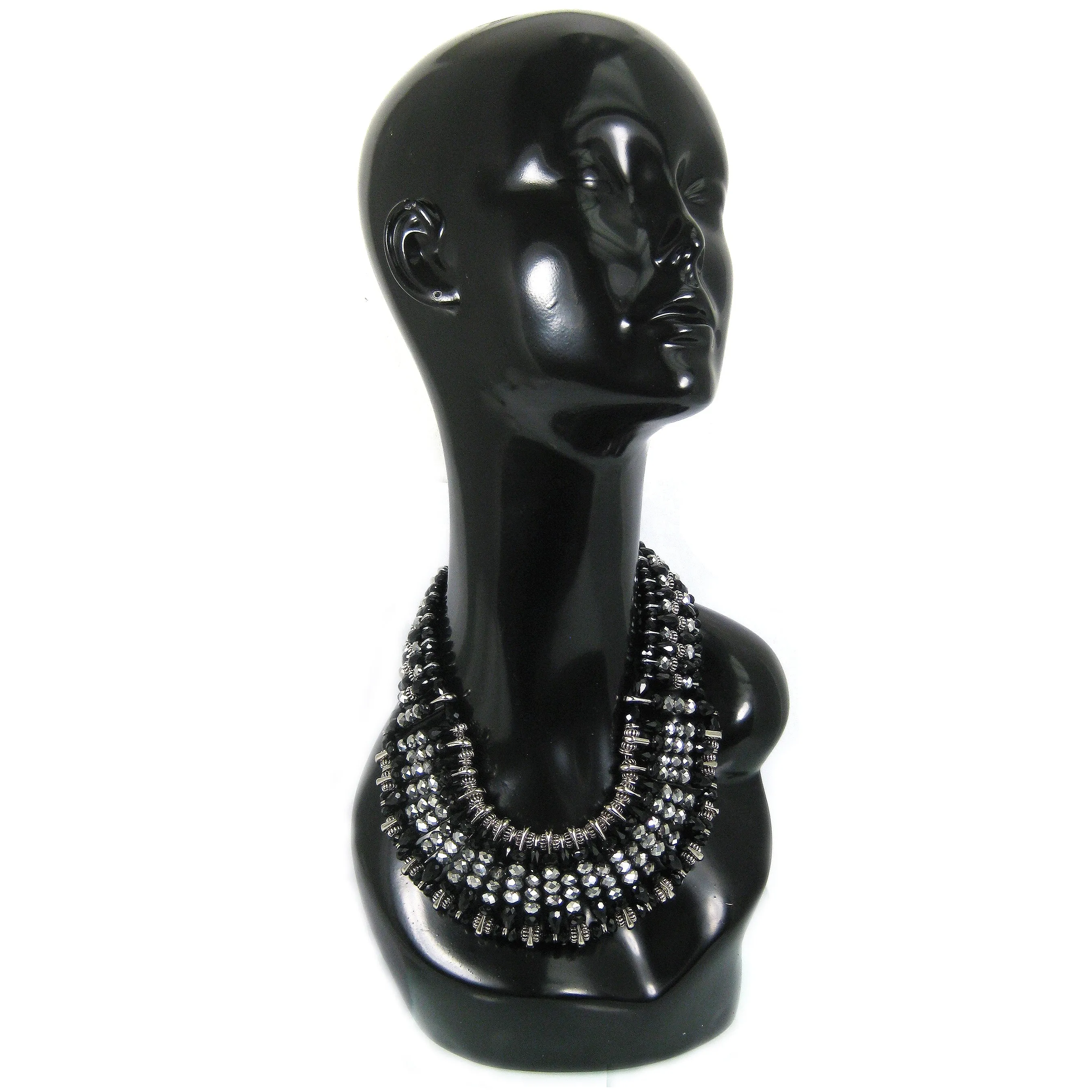 #1099n Black, Hematite & Silver Tone Safety Pin Bib Necklace