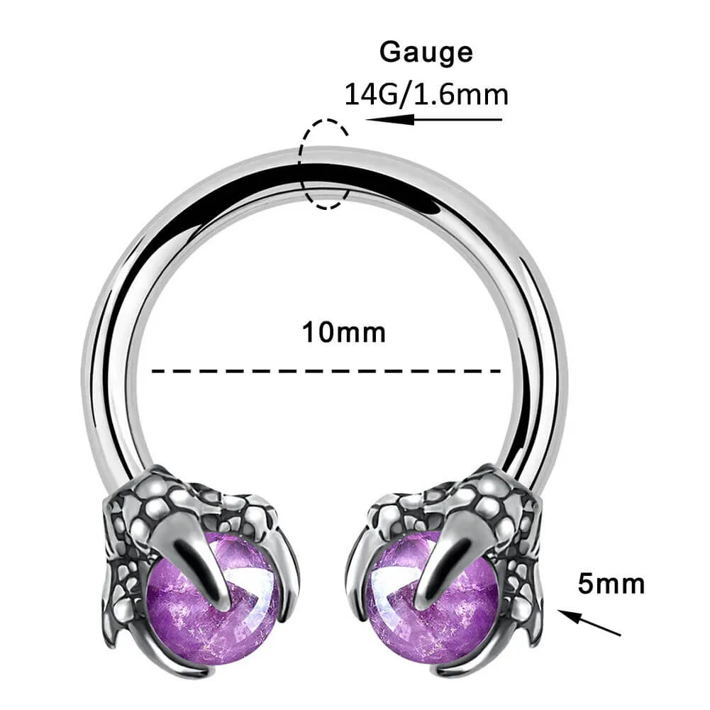 14G 3/8'' Amethyst Dragon Claw Horseshoe Septum Ring