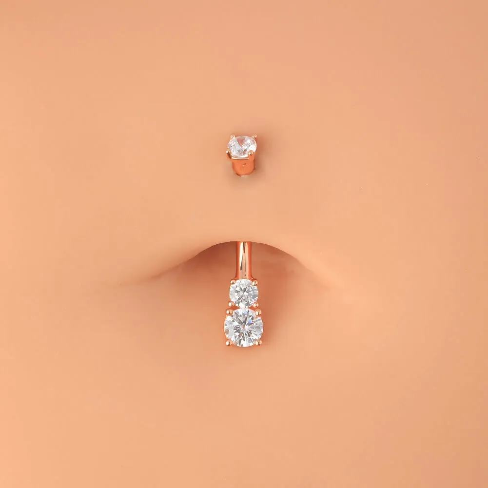 14K Real Rose Gold Belly Ring 14G Three Round Solitaire CZ Navel Ring