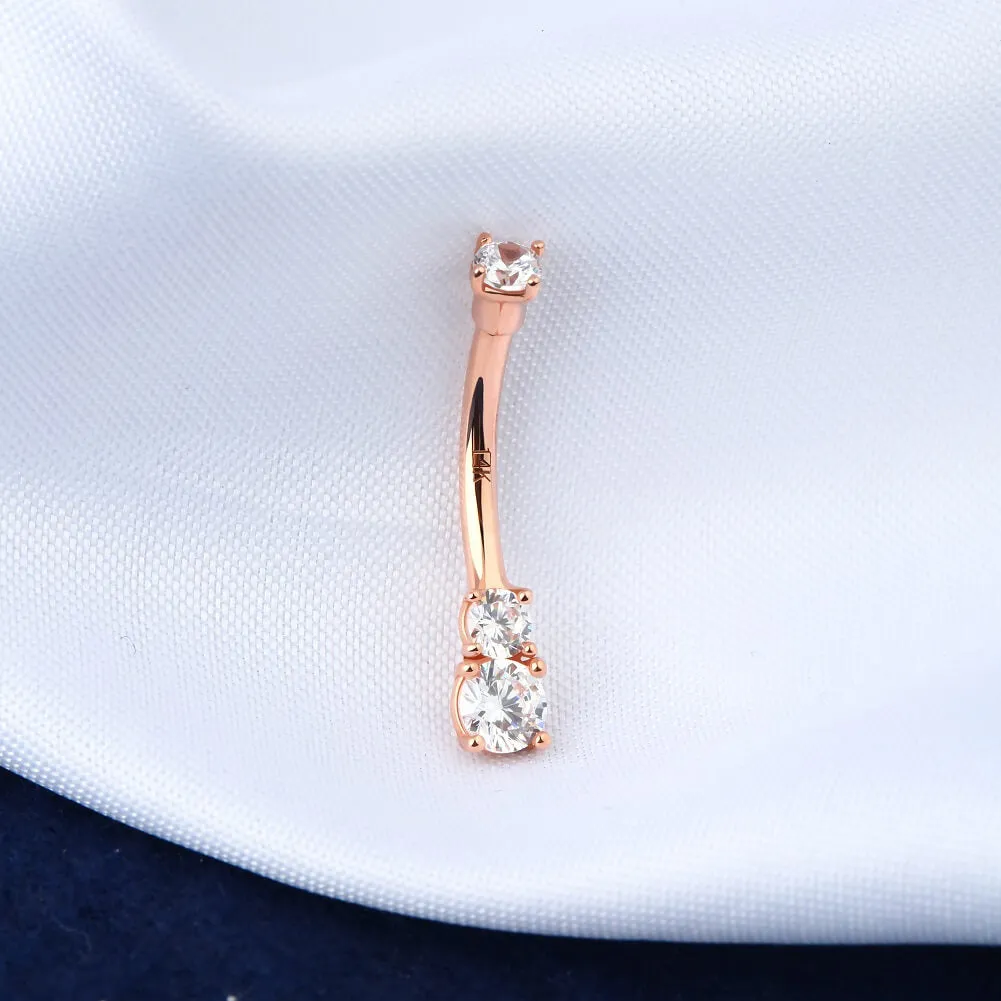 14K Real Rose Gold Belly Ring 14G Three Round Solitaire CZ Navel Ring