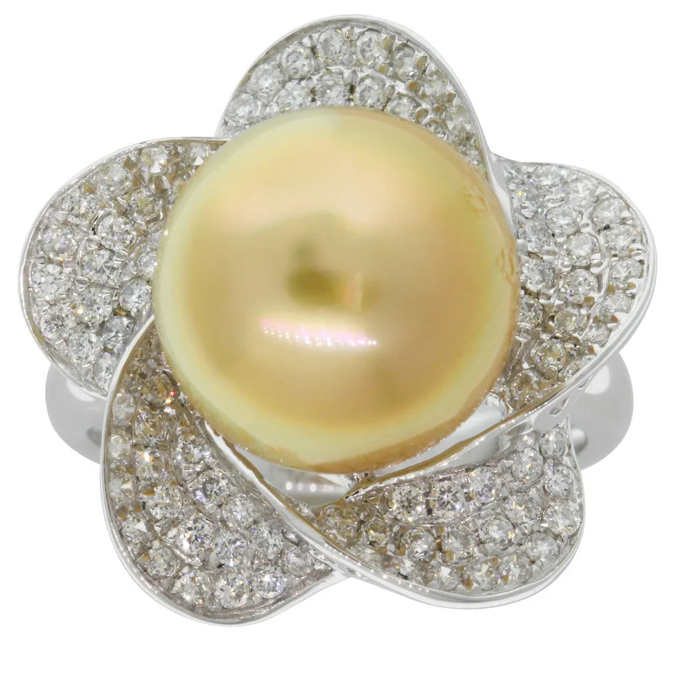 18ct White Gold Yellow Pearl & Diamond Ring