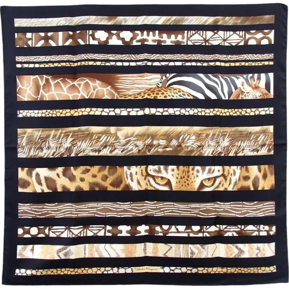 200160AV (E1) Salvatore Ferragamo Scarf Animal Brown Silk