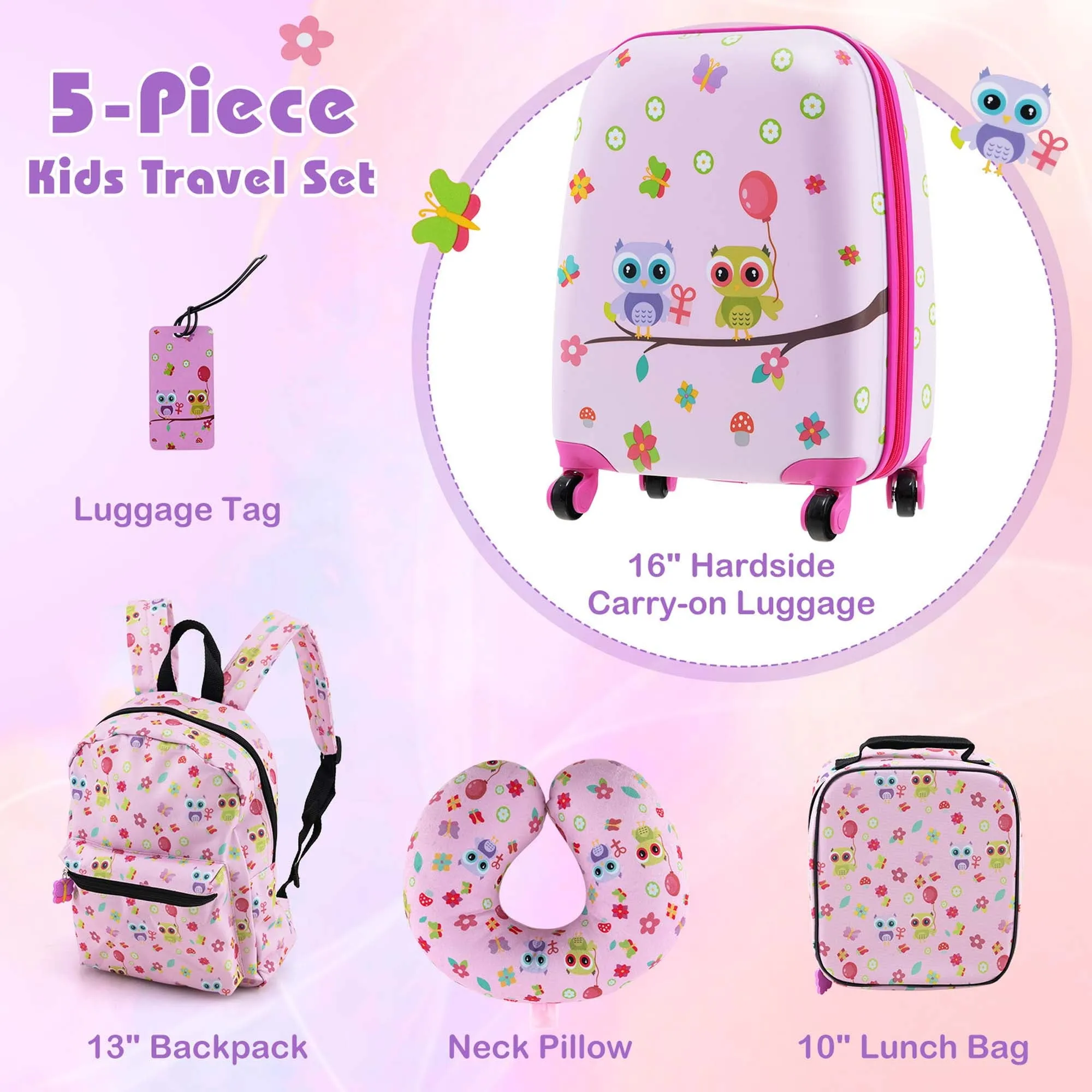 5-Piece Kids Luggage Set with Backpack, Lunch Bag, Neck Pillow, Tag & Wheels