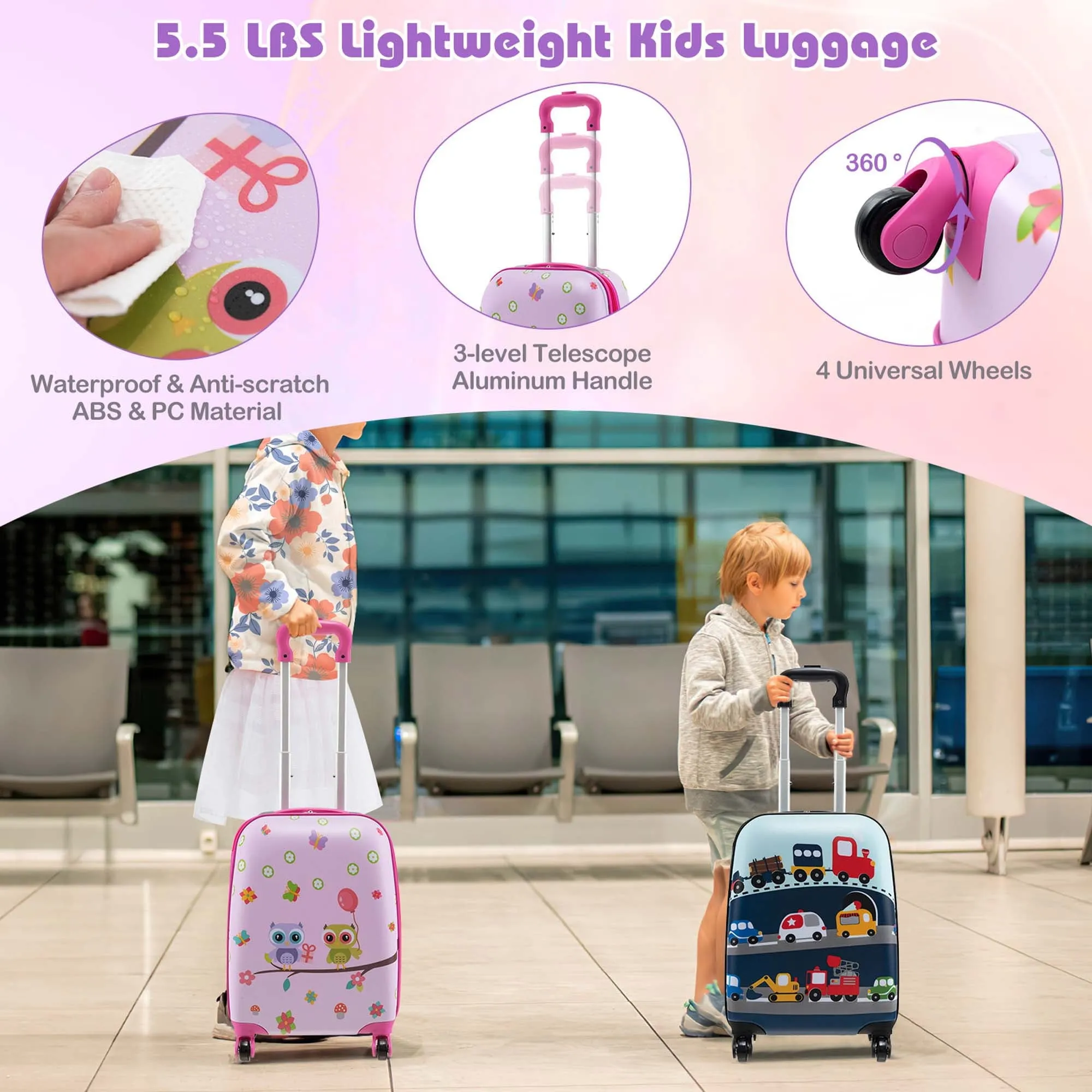 5-Piece Kids Luggage Set with Backpack, Lunch Bag, Neck Pillow, Tag & Wheels