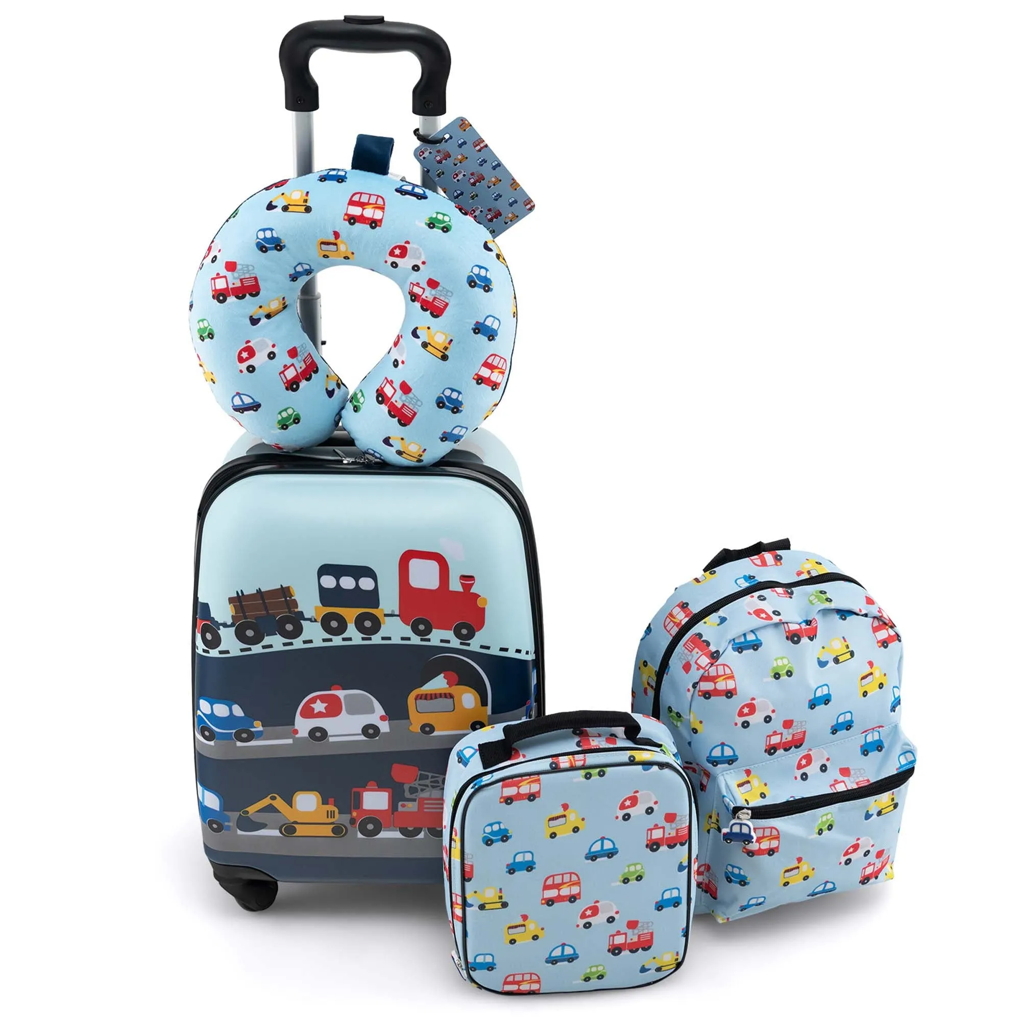 5-Piece Kids Luggage Set with Backpack, Lunch Bag, Neck Pillow, Tag & Wheels