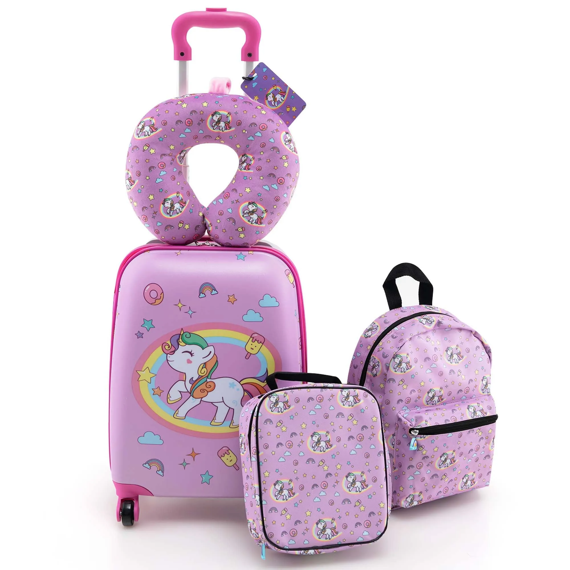 5-Piece Kids Luggage Set with Backpack, Lunch Bag, Neck Pillow, Tag & Wheels
