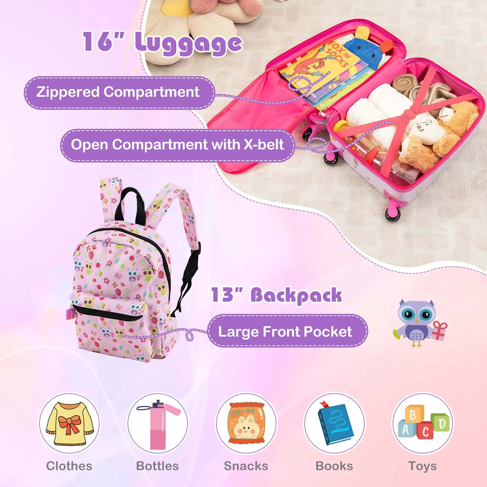5-Piece Kids Luggage Set with Backpack, Lunch Bag, Neck Pillow, Tag & Wheels