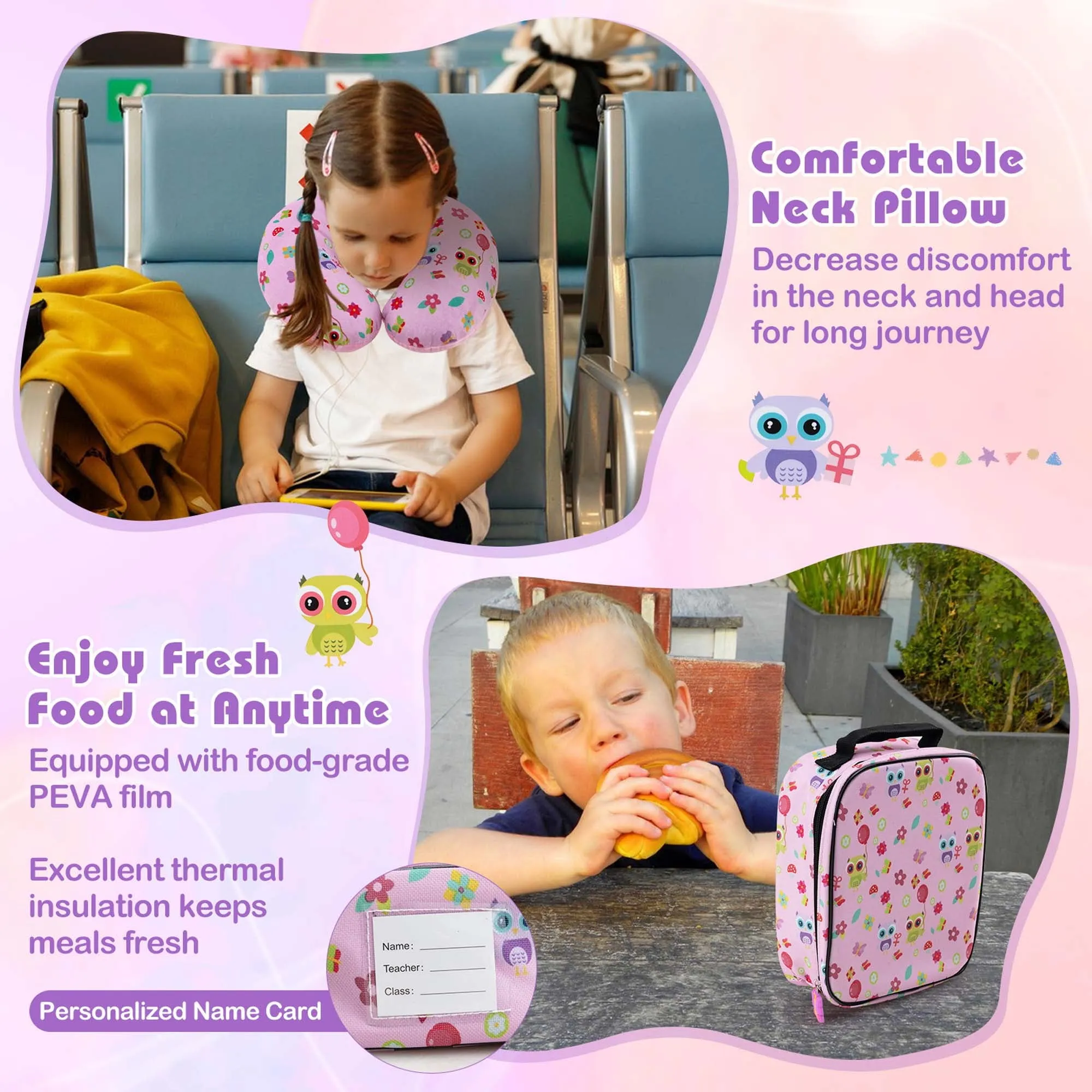 5-Piece Kids Luggage Set with Backpack, Lunch Bag, Neck Pillow, Tag & Wheels