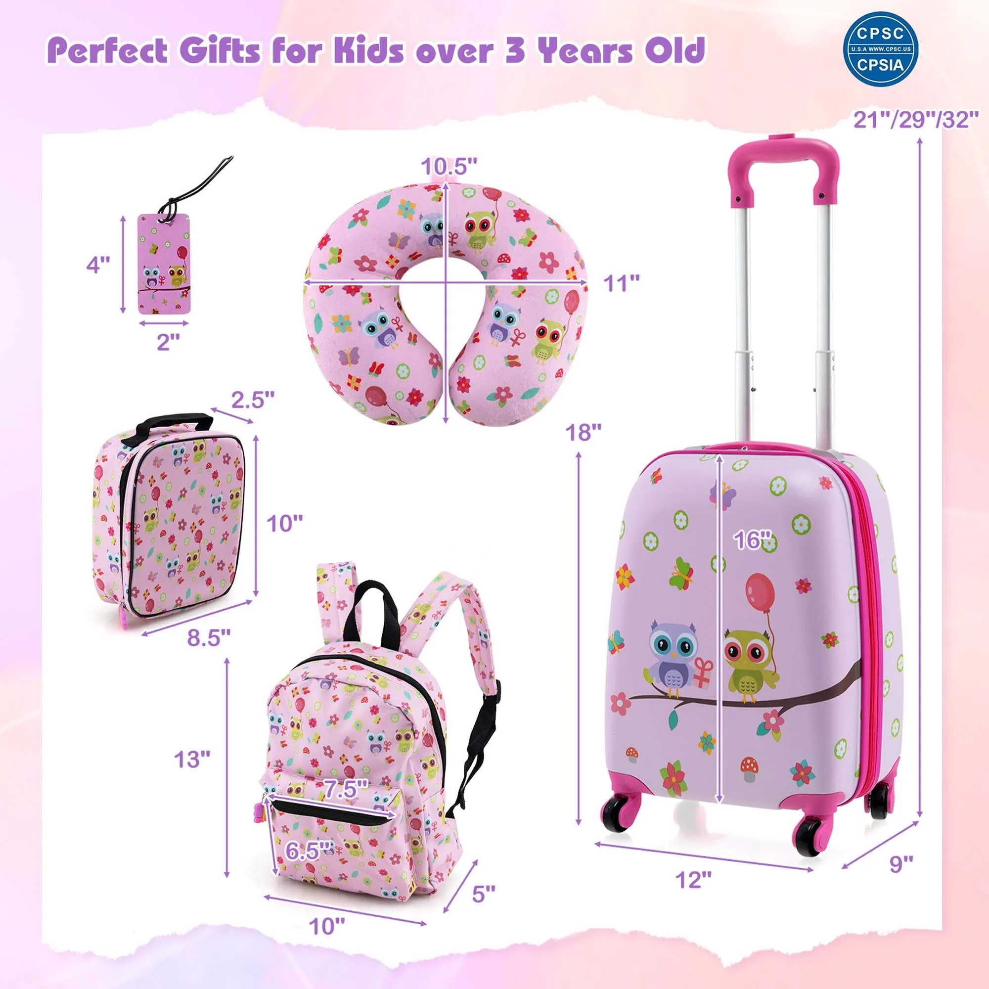 5-Piece Kids Luggage Set with Backpack, Lunch Bag, Neck Pillow, Tag & Wheels