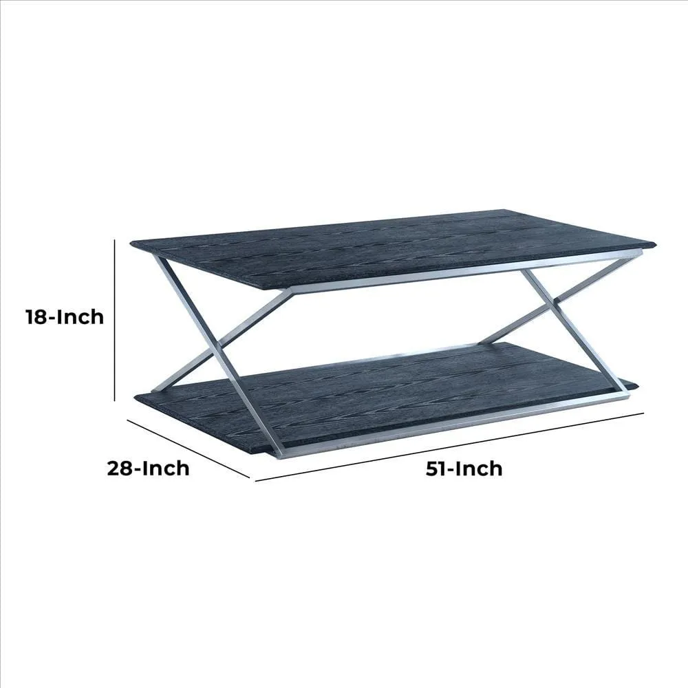 51 Inch Metal Coffee Table with Open Shelf, Gray and Silver By Casagear Home