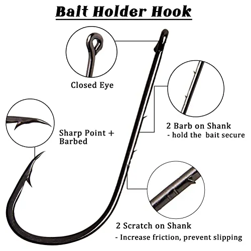 AGOOL Baitholder Fishing Hooks, 50/150pcs Bait Holder Hooks Barbed Shank Beak Long Shank Hooks Offset Shank with 2 Barbs J Hooks Snelled Hooks Bait Keep Hooks for Saltwater Freshwater Fishing