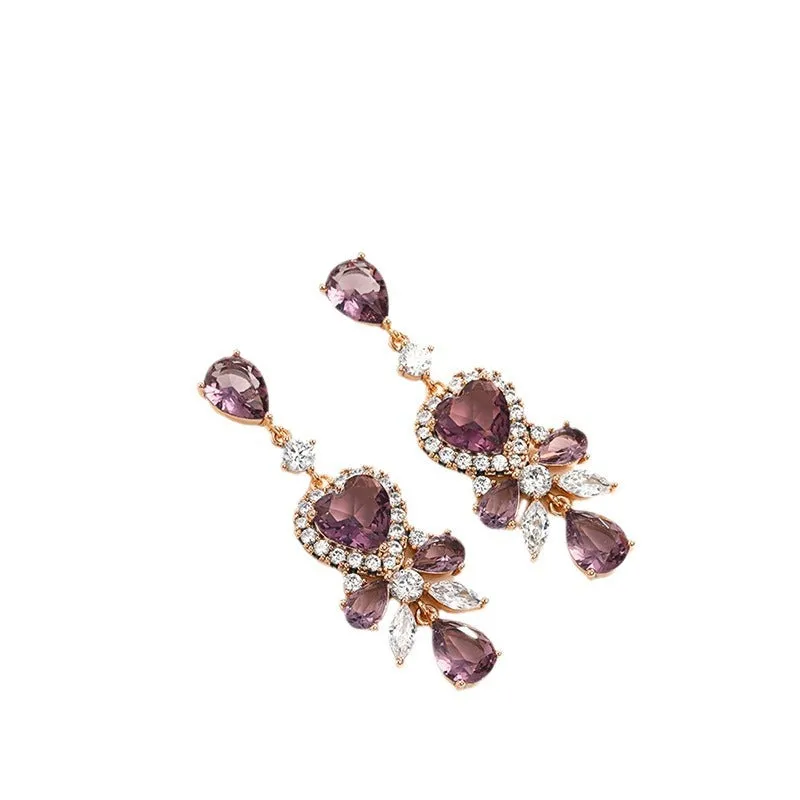 American retro grape purple heart-shaped tassel earrings girl's heart light luxury palace style earrings