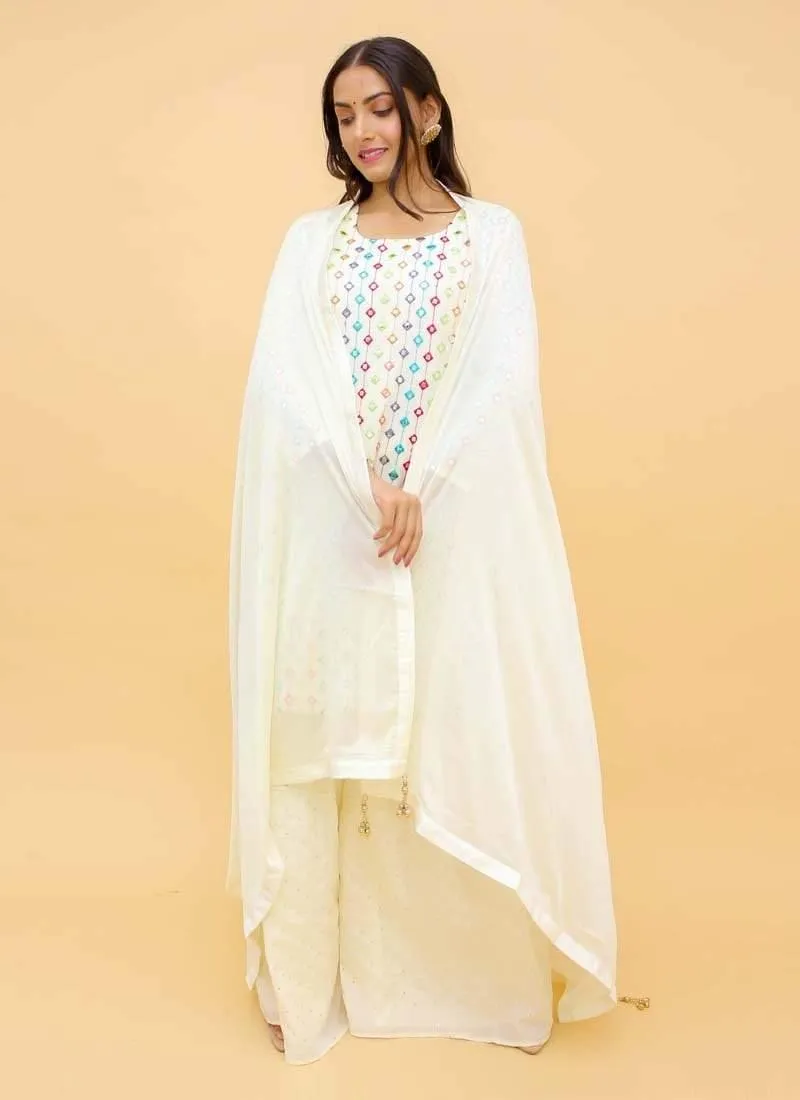Beguiling Look Mirror Work Off-White Palazzo Suit