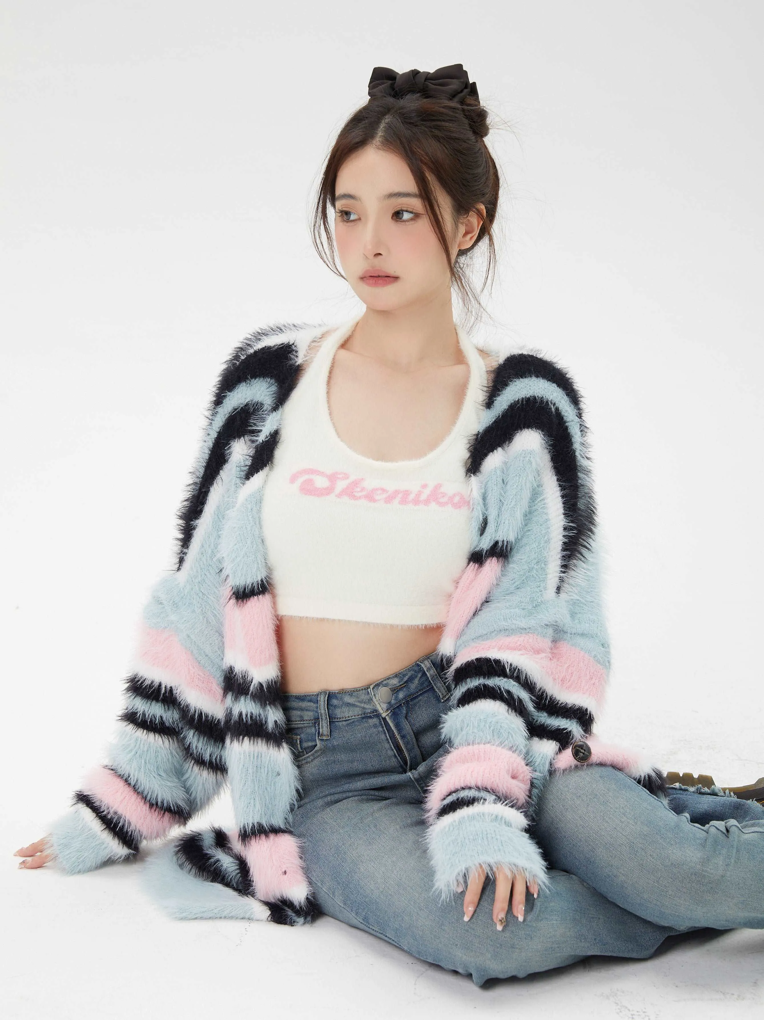Blue Pink Black Stripe Fluffy Cardigan & White Tank Tops Two Piece Set
