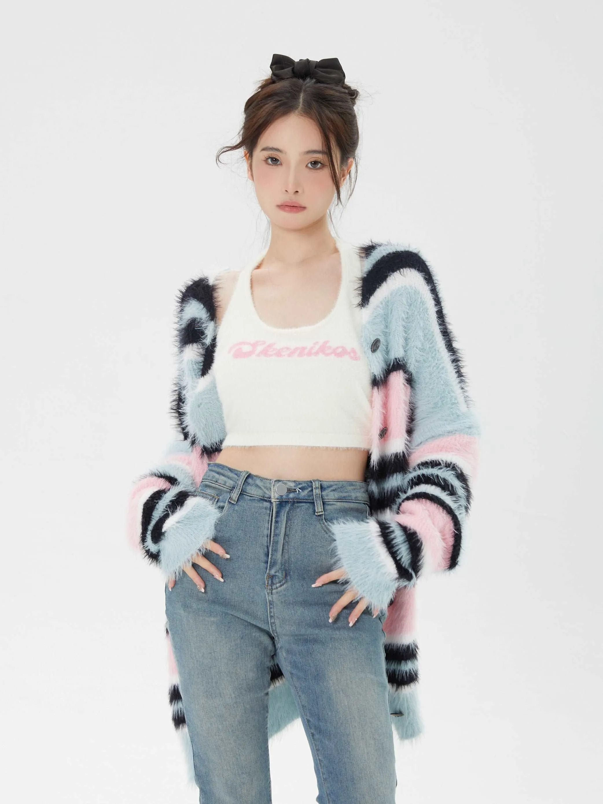 Blue Pink Black Stripe Fluffy Cardigan & White Tank Tops Two Piece Set