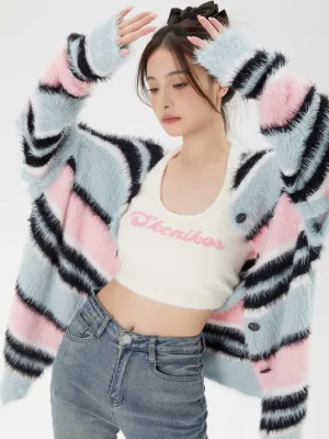 Blue Pink Black Stripe Fluffy Cardigan & White Tank Tops Two Piece Set