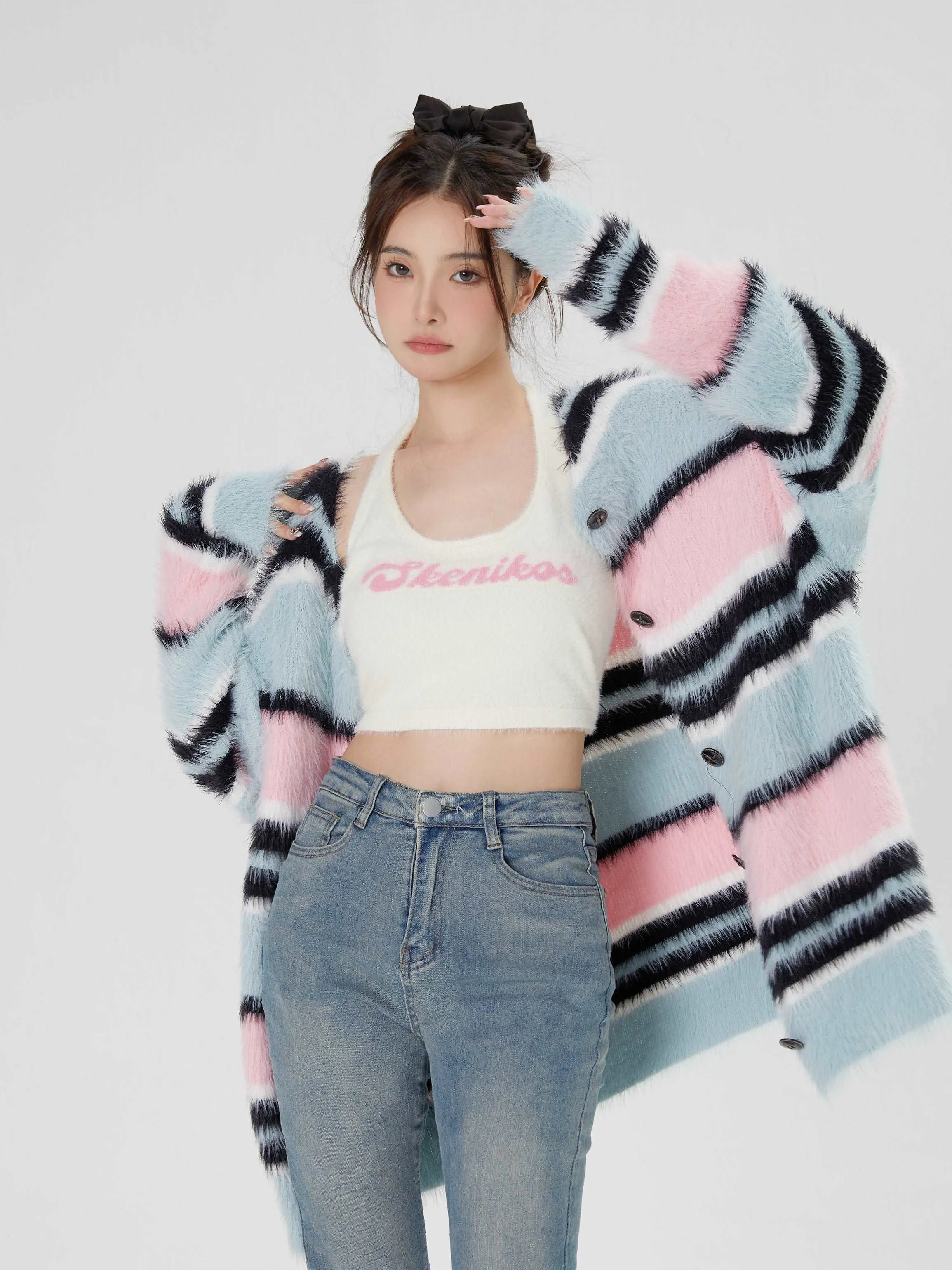 Blue Pink Black Stripe Fluffy Cardigan & White Tank Tops Two Piece Set