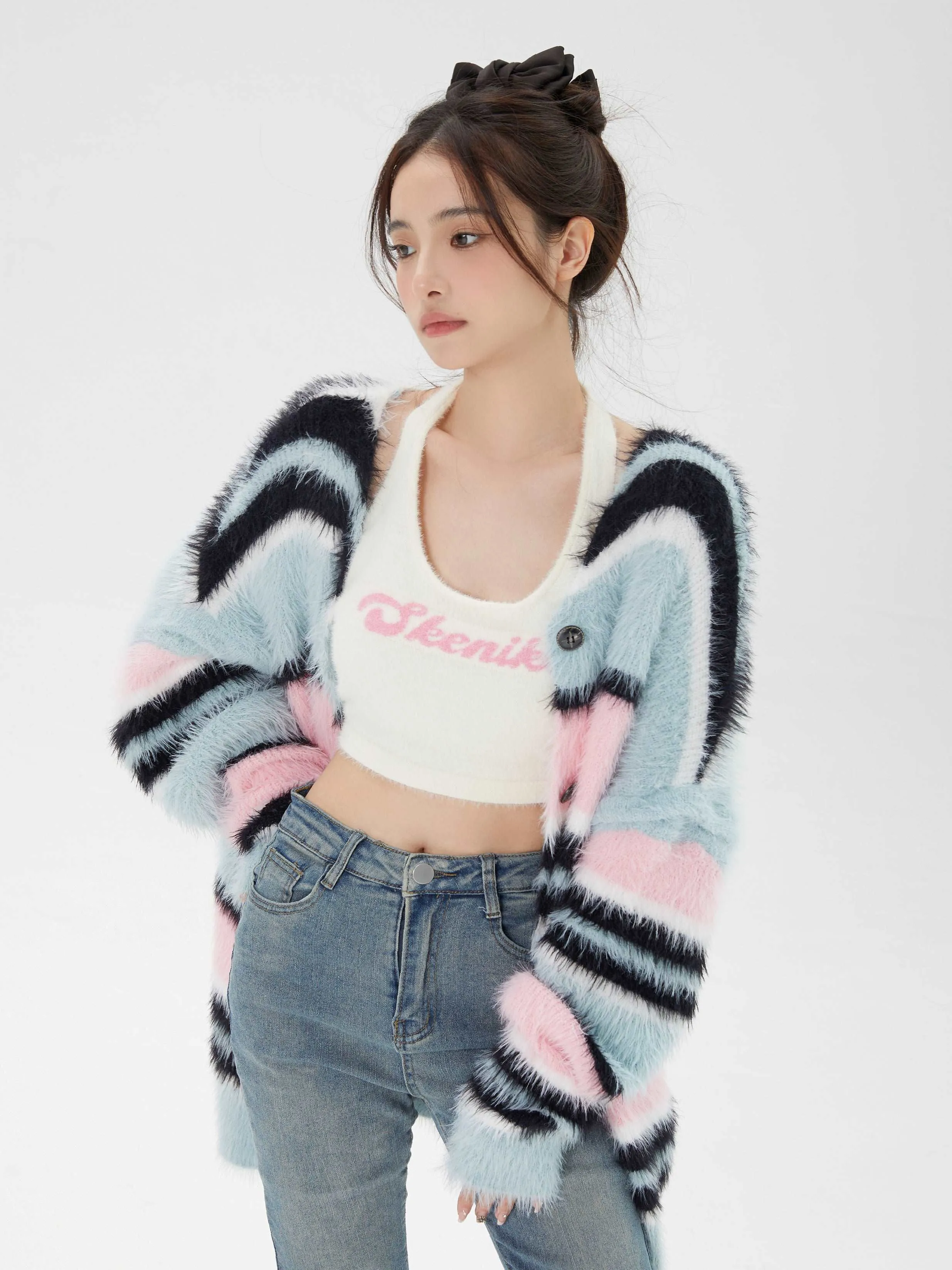 Blue Pink Black Stripe Fluffy Cardigan & White Tank Tops Two Piece Set