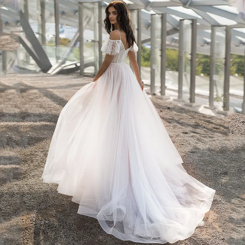 Bohemian Chic Wedding Guest Dress plus Size Slim Fit Slim Double-Shoulder Floor-Length Lace Flower off-Shoulder Women