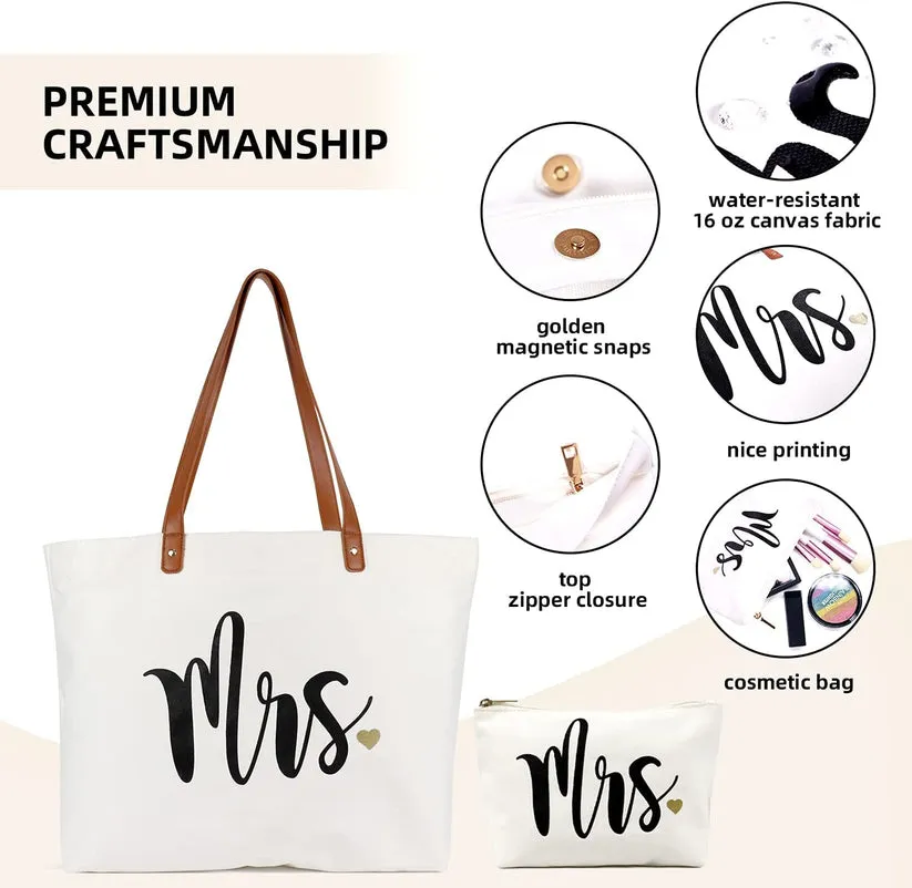 Bride Tote Bag with Zipper, Bride Bag with Makeup Bag and Vegan Leather Handle