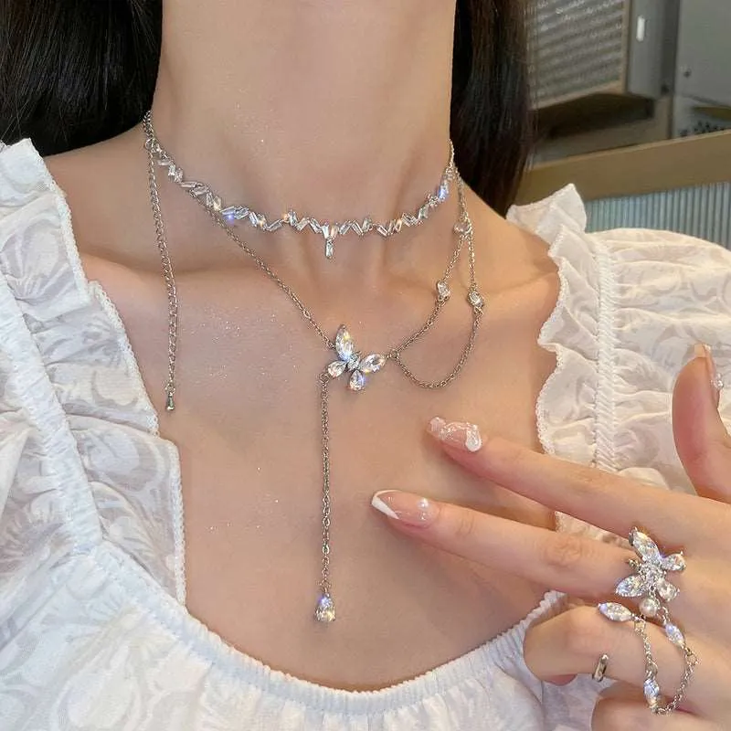 Butterfly Tassel & Water Drop Wave Silver Pendant Necklace