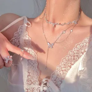 Butterfly Tassel & Water Drop Wave Silver Pendant Necklace