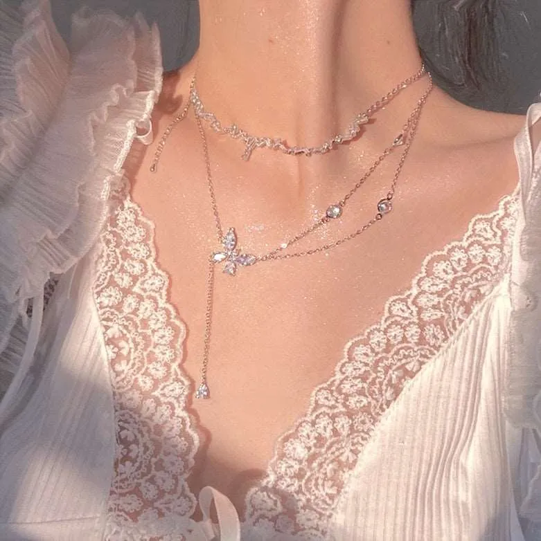 Butterfly Tassel & Water Drop Wave Silver Pendant Necklace
