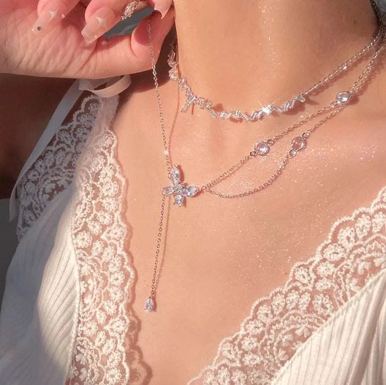 Butterfly Tassel & Water Drop Wave Silver Pendant Necklace