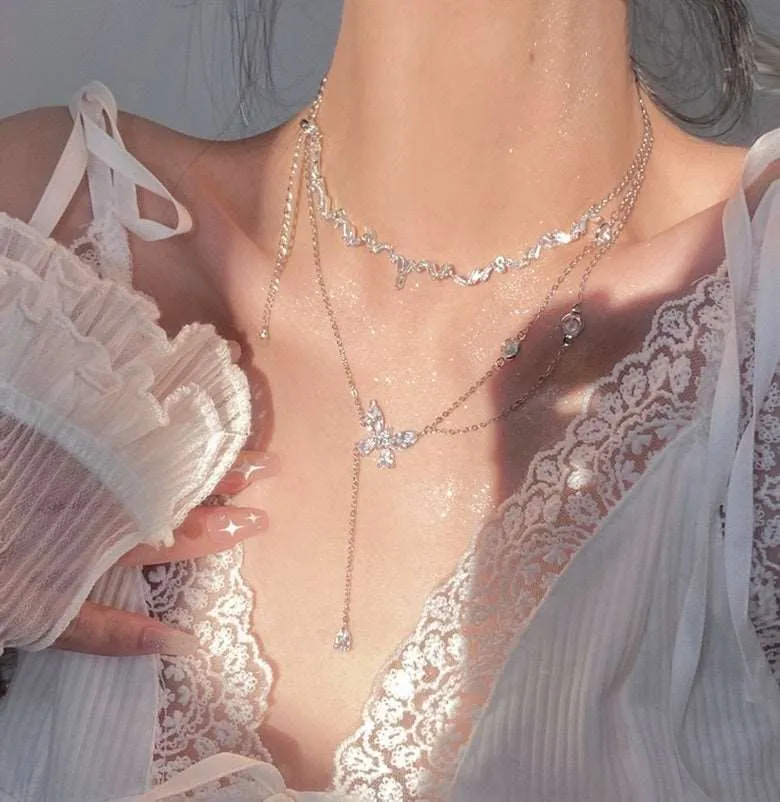 Butterfly Tassel & Water Drop Wave Silver Pendant Necklace
