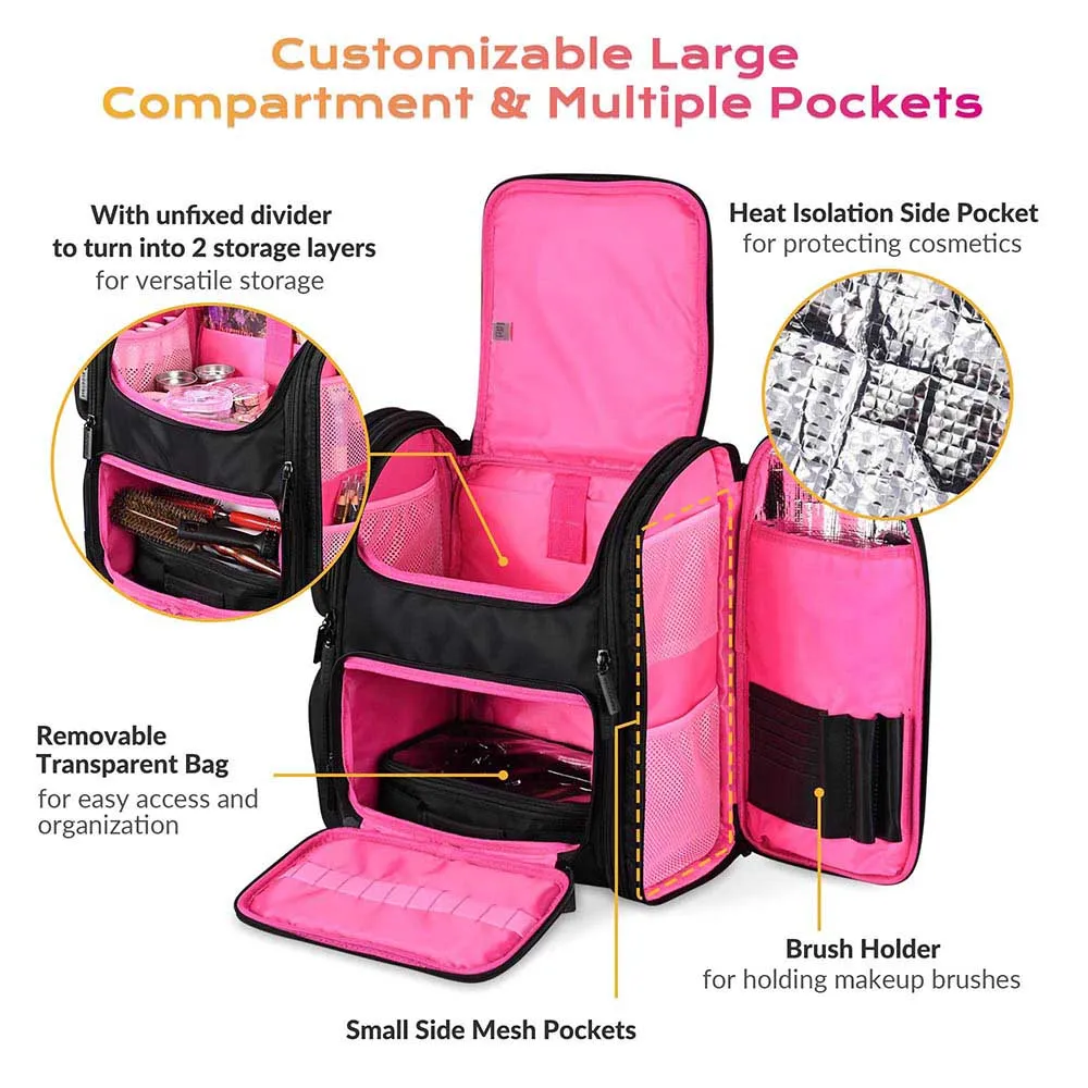 Byootique Essential Pro Makeup Backpack with Compartments Black Pink