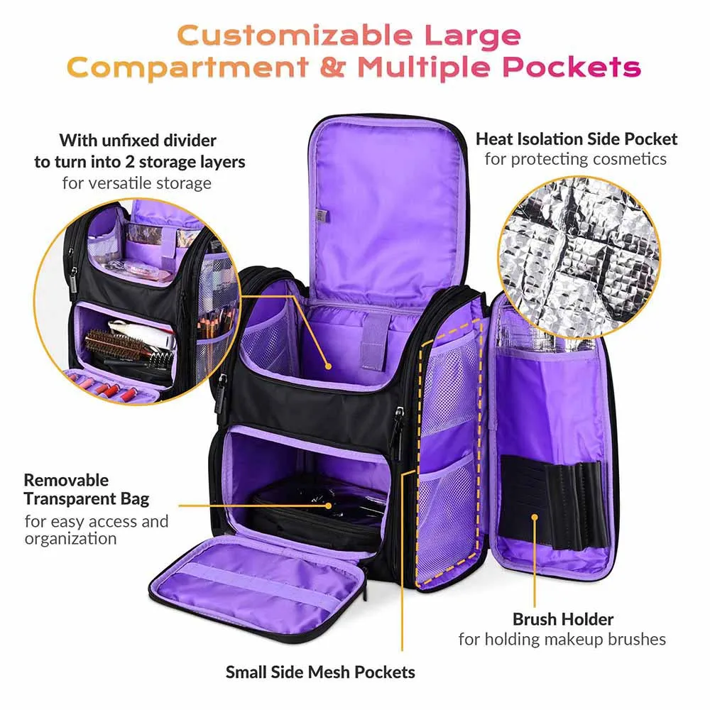 Byootique Essential Pro Makeup Backpack with Compartments Black Purple