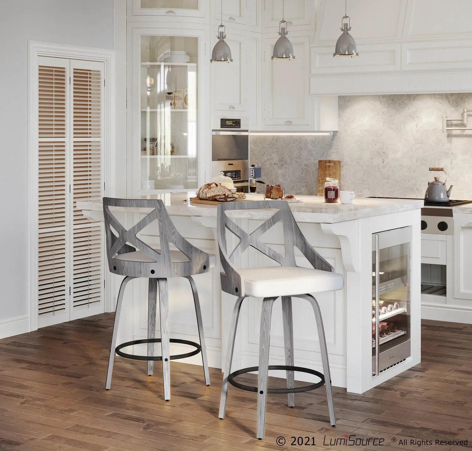 Charlotte Farmhouse Counter Stool in Light Grey Wood and Cream Noise Fabric by LumiSource - Set of 2