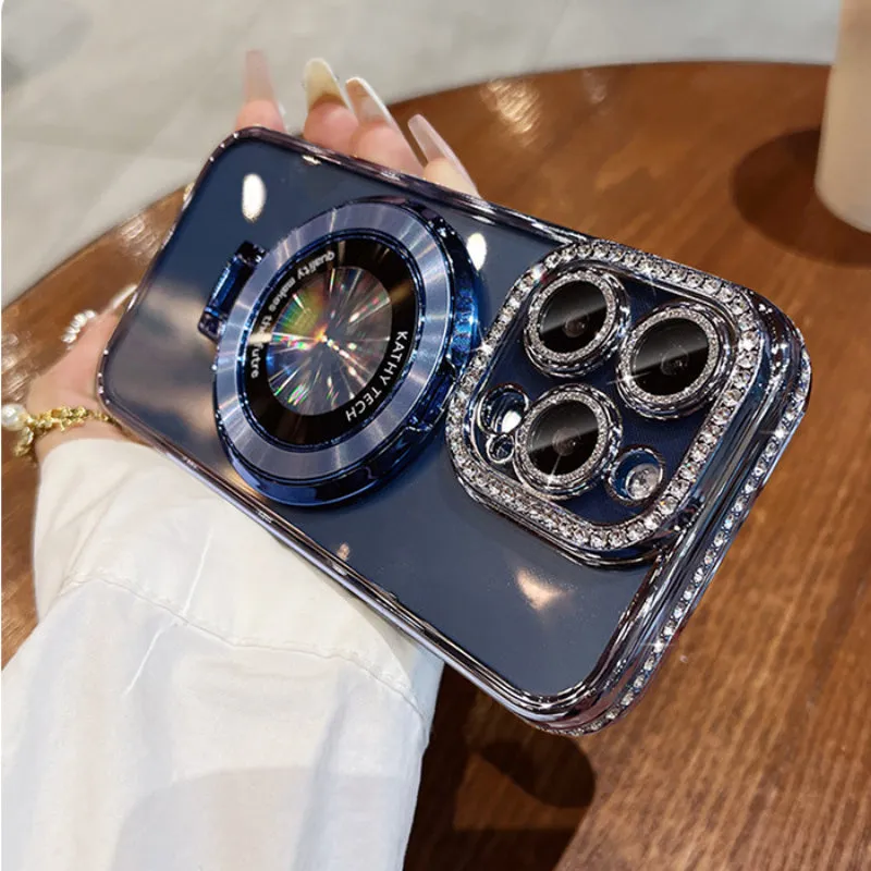 Chic iPhone 13/14/15 Pro Max Case with Magnetic Invisible Stand, Full Protective Cover & Lens Film, Sparkle Edge Design for Women