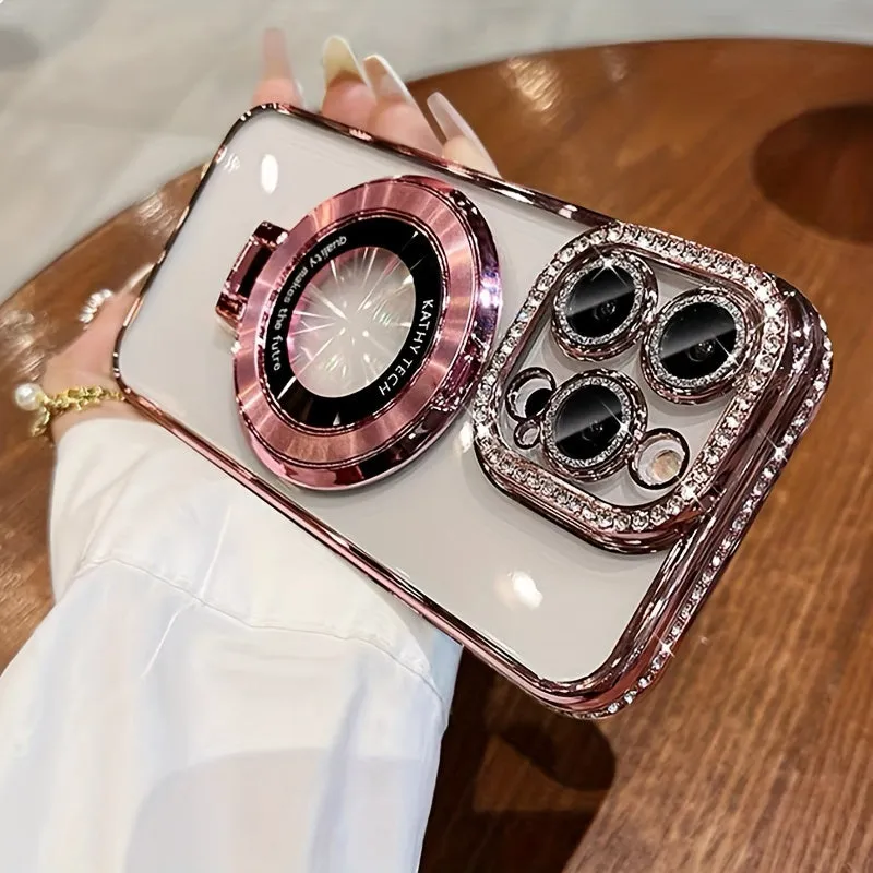 Chic iPhone 13/14/15 Pro Max Case with Magnetic Invisible Stand, Full Protective Cover & Lens Film, Sparkle Edge Design for Women