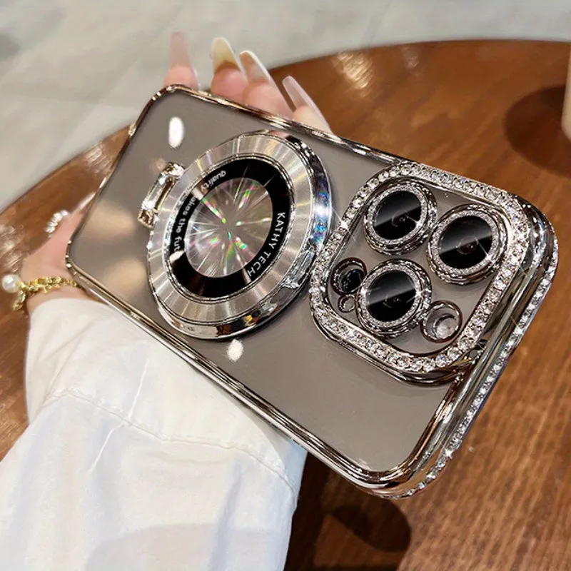 Chic iPhone 13/14/15 Pro Max Case with Magnetic Invisible Stand, Full Protective Cover & Lens Film, Sparkle Edge Design for Women