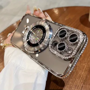 Chic iPhone 13/14/15 Pro Max Case with Magnetic Invisible Stand, Full Protective Cover & Lens Film, Sparkle Edge Design for Women