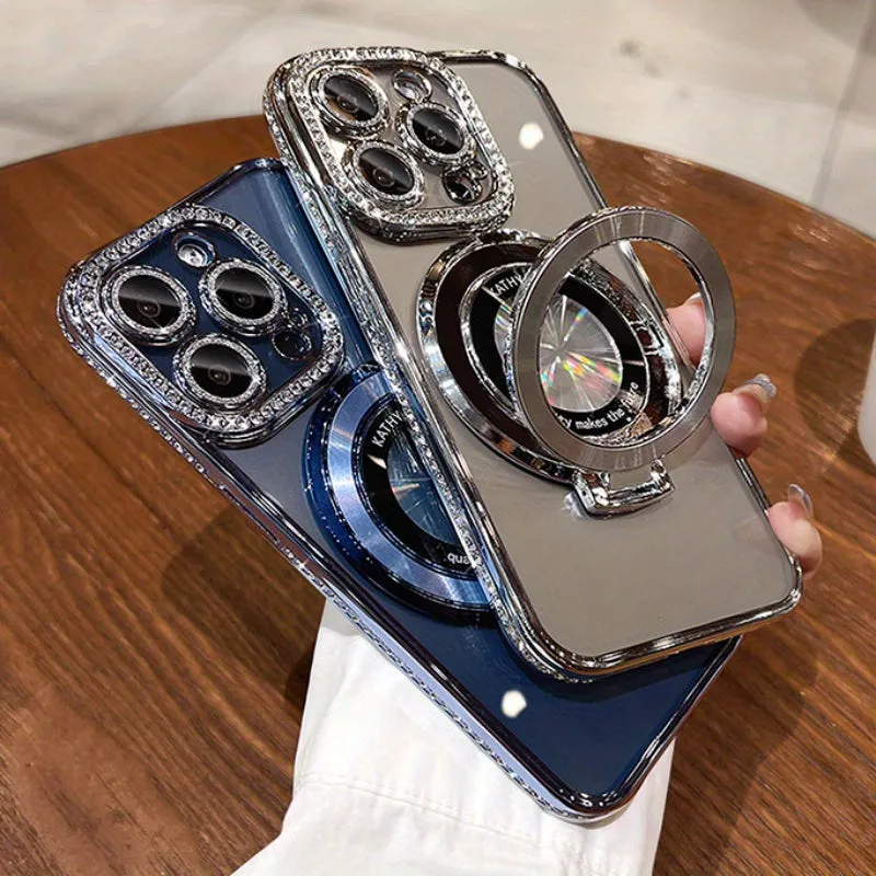 Chic iPhone 13/14/15 Pro Max Case with Magnetic Invisible Stand, Full Protective Cover & Lens Film, Sparkle Edge Design for Women