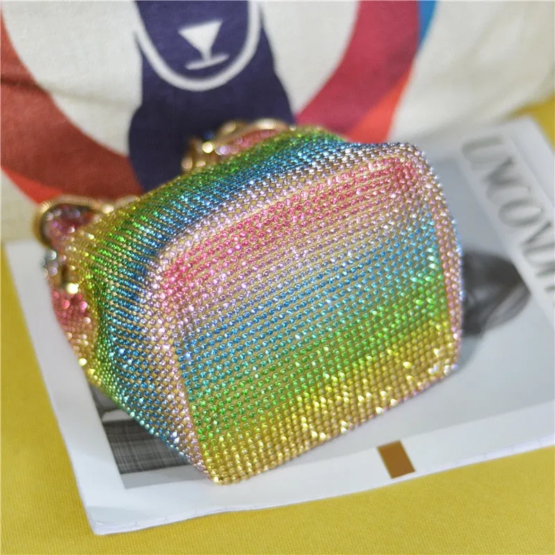 Crystal Bucket Bag for Women Multicolor Rhinestone Beaded Ladies Handbag Luxury Shoulder Bag