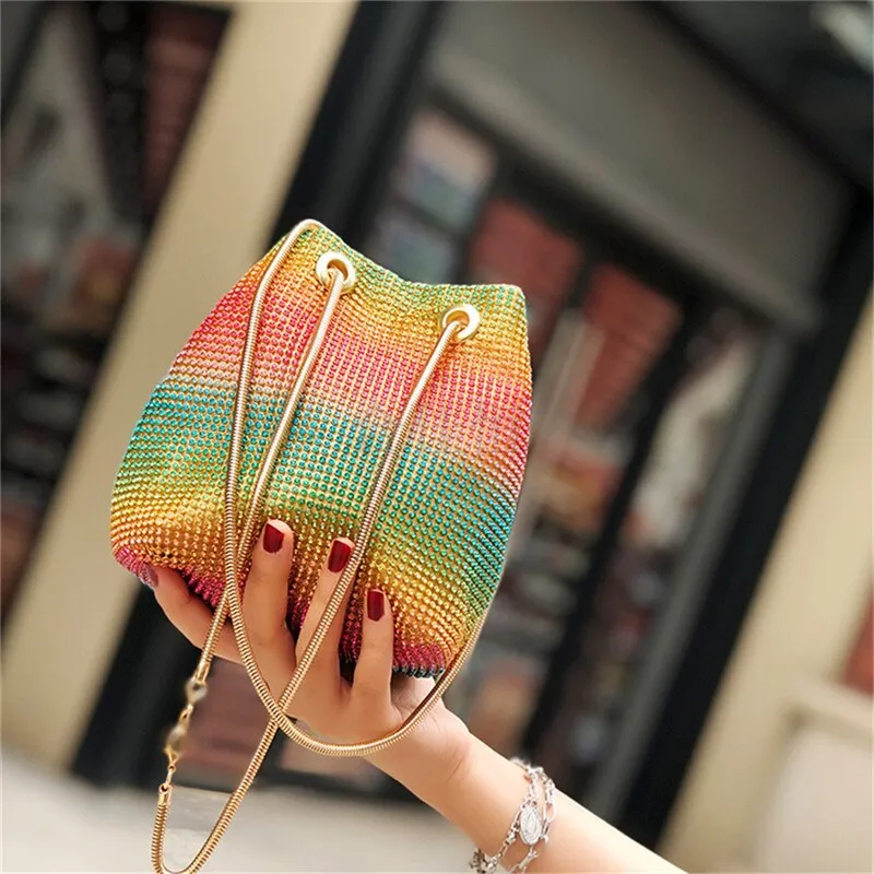 Crystal Bucket Bag for Women Multicolor Rhinestone Beaded Ladies Handbag Luxury Shoulder Bag