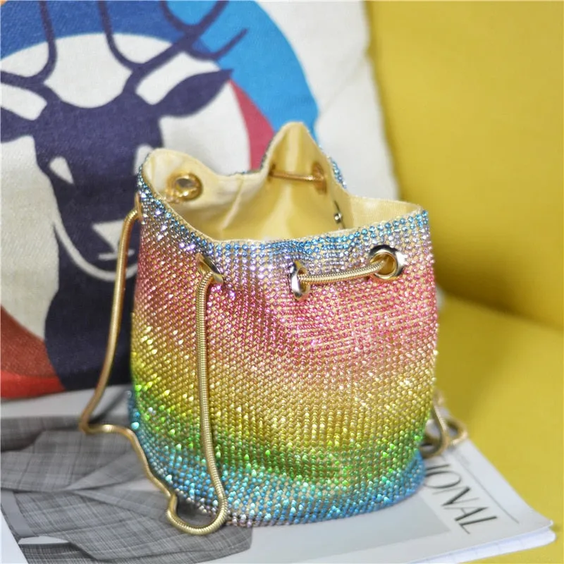 Crystal Bucket Bag for Women Multicolor Rhinestone Beaded Ladies Handbag Luxury Shoulder Bag