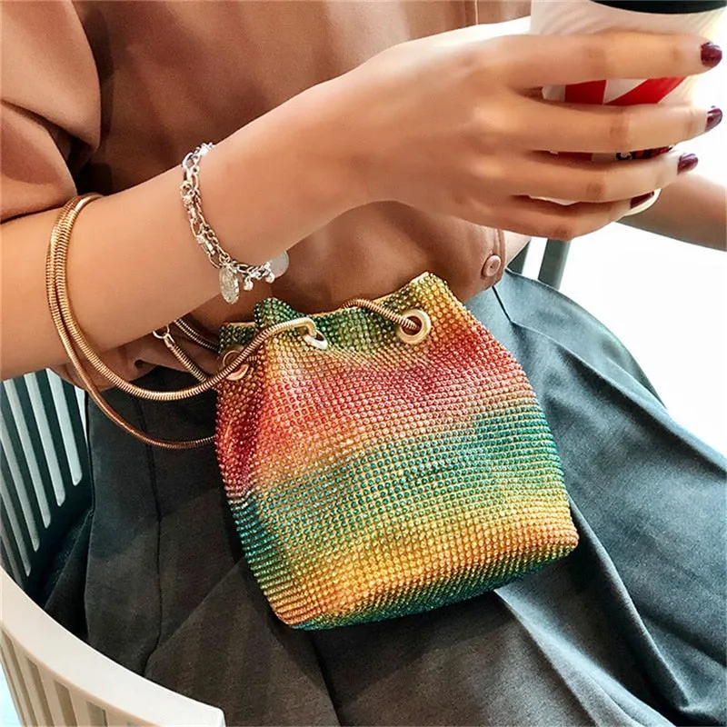 Crystal Bucket Bag for Women Multicolor Rhinestone Beaded Ladies Handbag Luxury Shoulder Bag