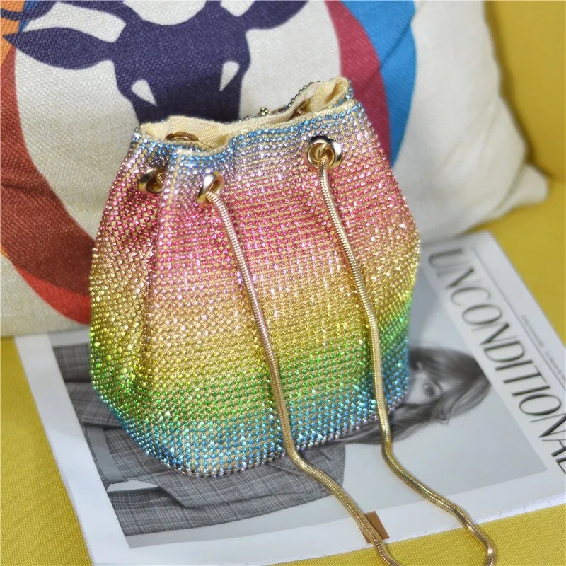 Crystal Bucket Bag for Women Multicolor Rhinestone Beaded Ladies Handbag Luxury Shoulder Bag