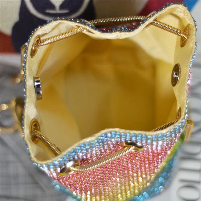 Crystal Bucket Bag for Women Multicolor Rhinestone Beaded Ladies Handbag Luxury Shoulder Bag