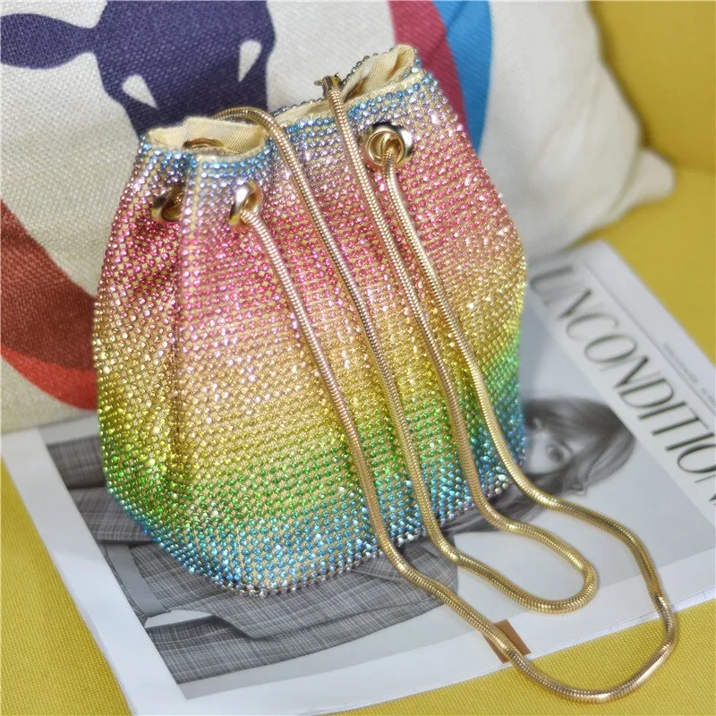 Crystal Bucket Bag for Women Multicolor Rhinestone Beaded Ladies Handbag Luxury Shoulder Bag