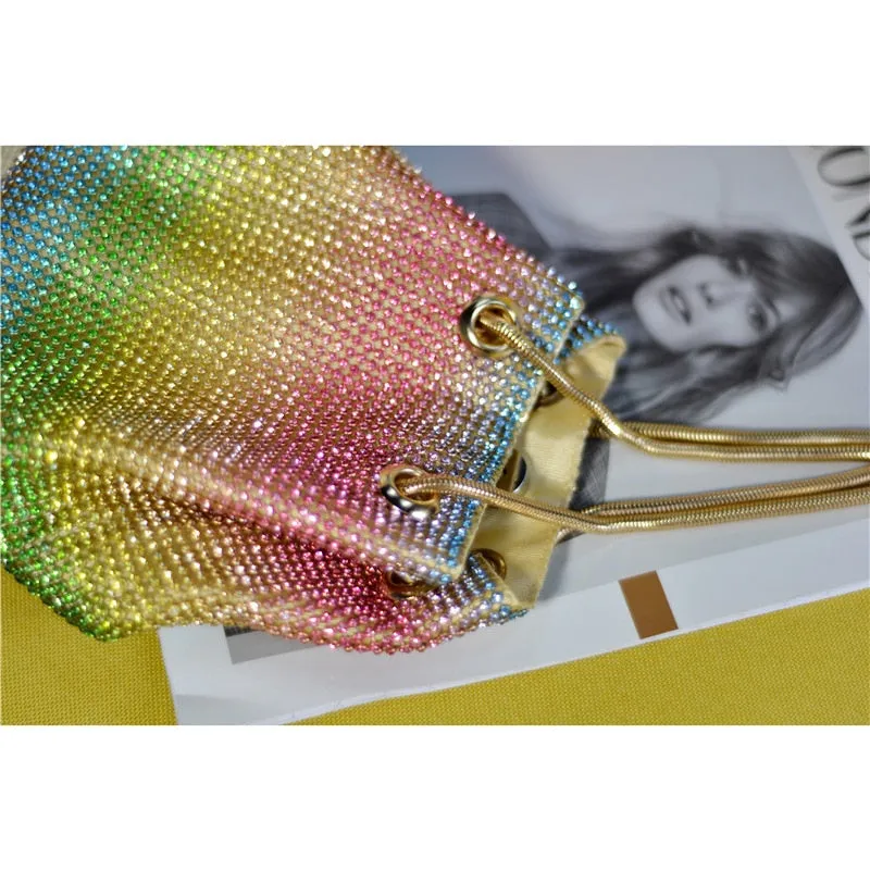 Crystal Bucket Bag for Women Multicolor Rhinestone Beaded Ladies Handbag Luxury Shoulder Bag