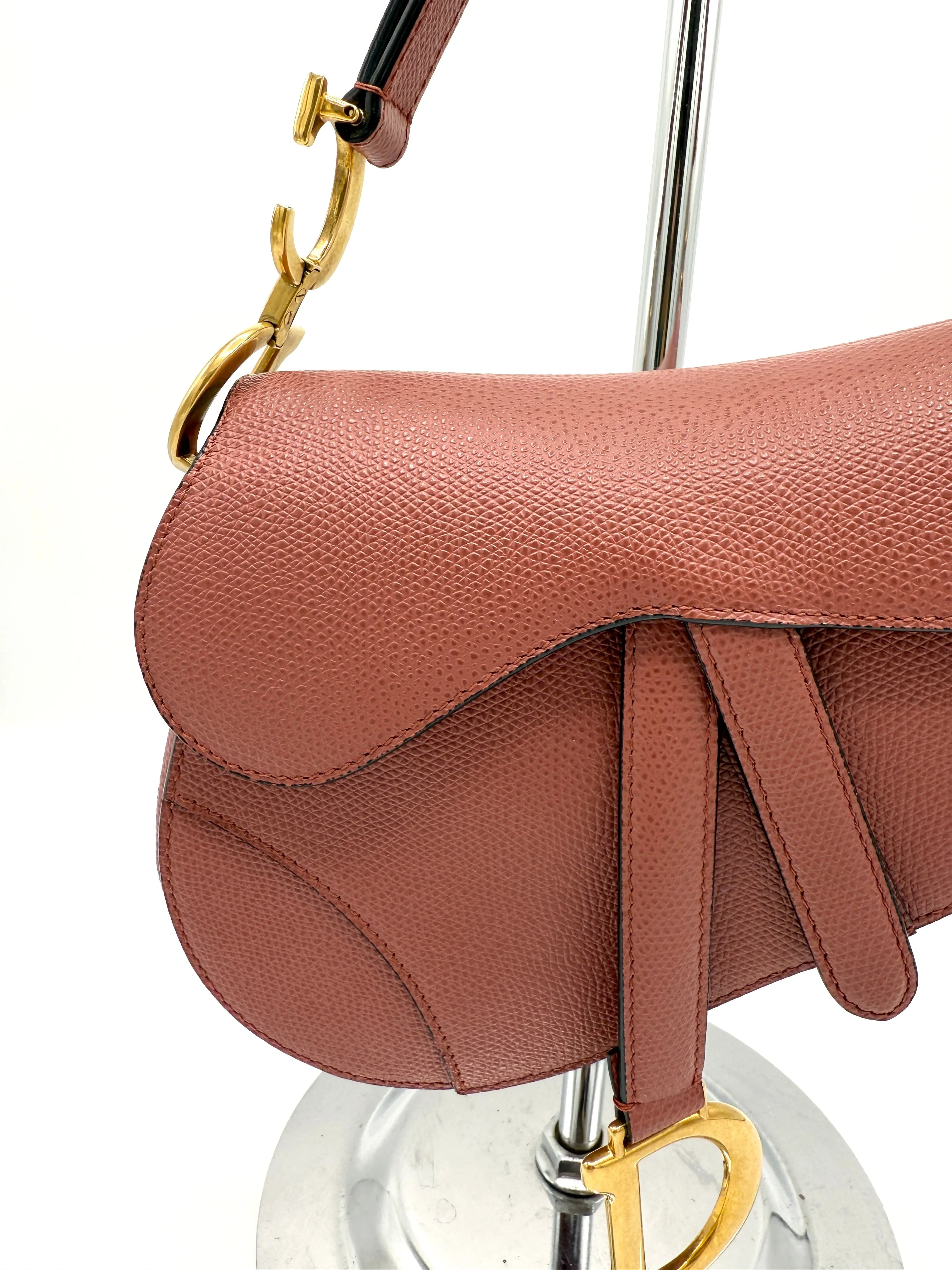 Dior Old Rose Grained Leather GHW Mini Saddle Bag