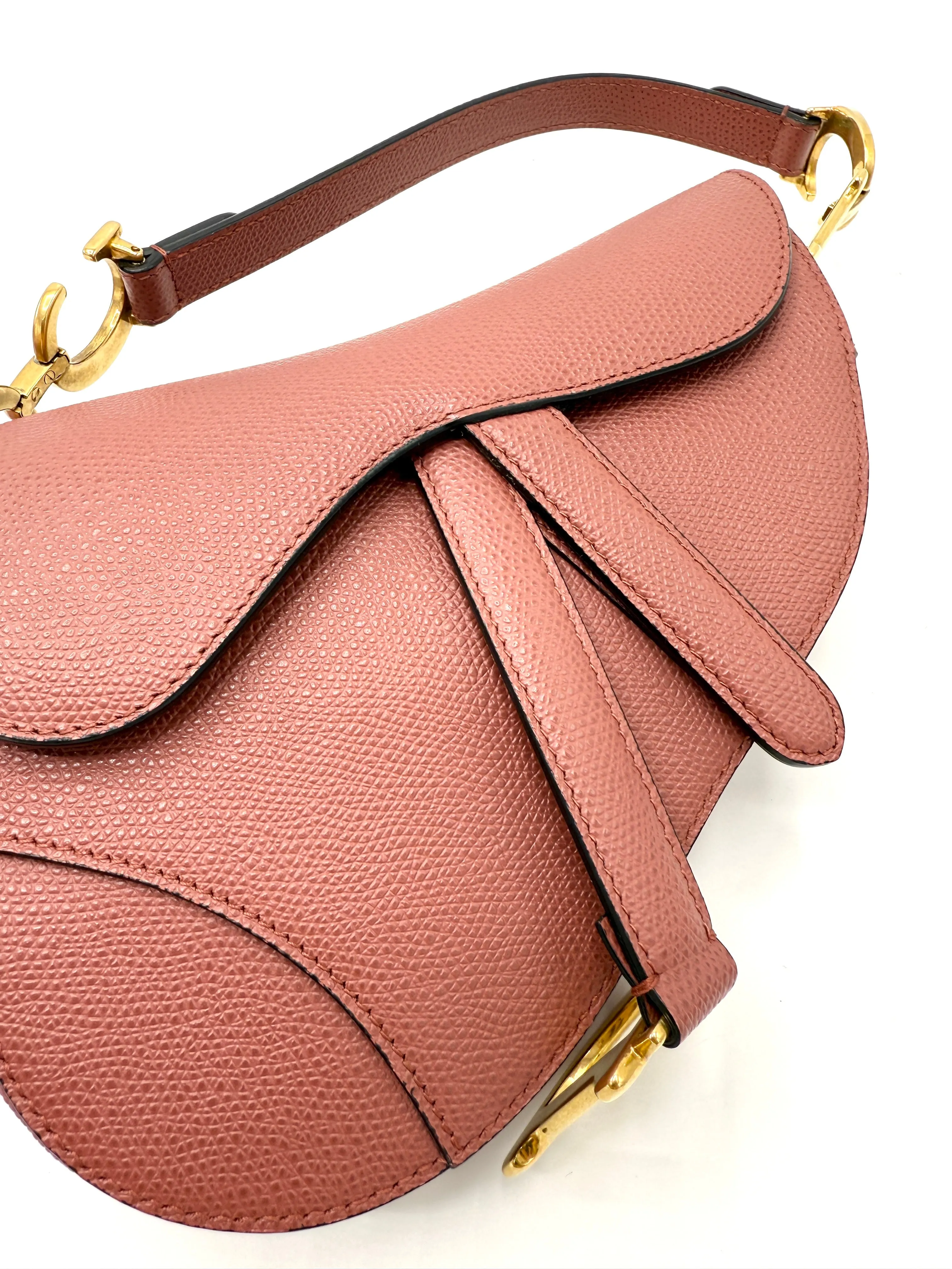 Dior Old Rose Grained Leather GHW Mini Saddle Bag